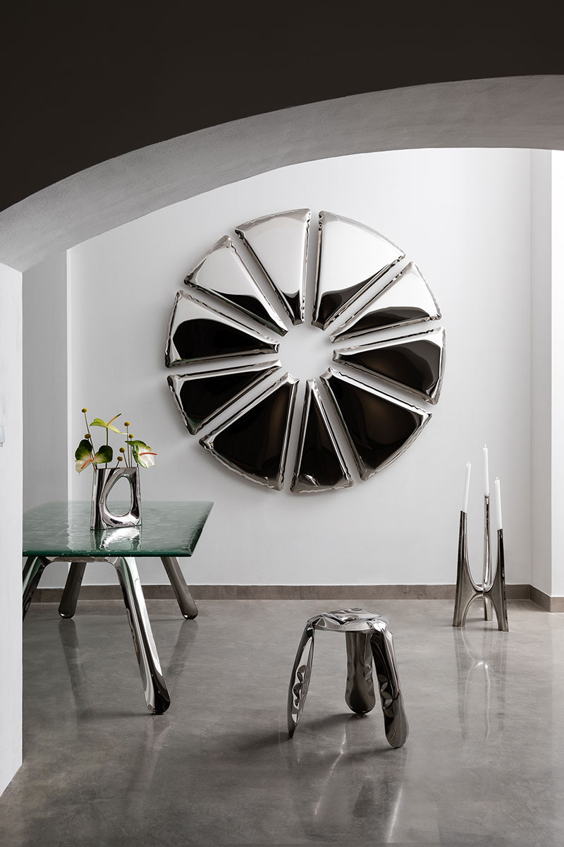 Zieta_KARAVA_Vase_NOGI_table_construction_NUCLEUS_PLOPP_Stool_Standard_TRIGLAV_83_inox_polished_Zieta_Collection_photo_by_Weronika_Trojanowska